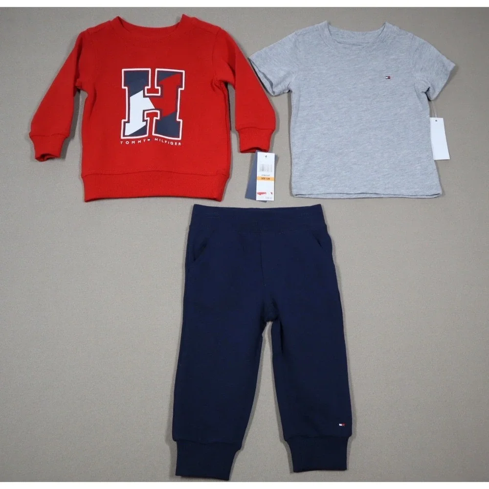 Tommy Hilfiger Baby Boys Basic Tshirt Fleece Crewneck and Joggers 3 Pc Set - Red